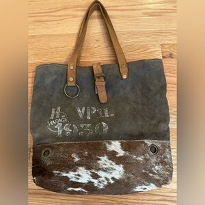Myra Bag Vintage 1930 Upcycled Canvas Tote Bag Brown/ Grey